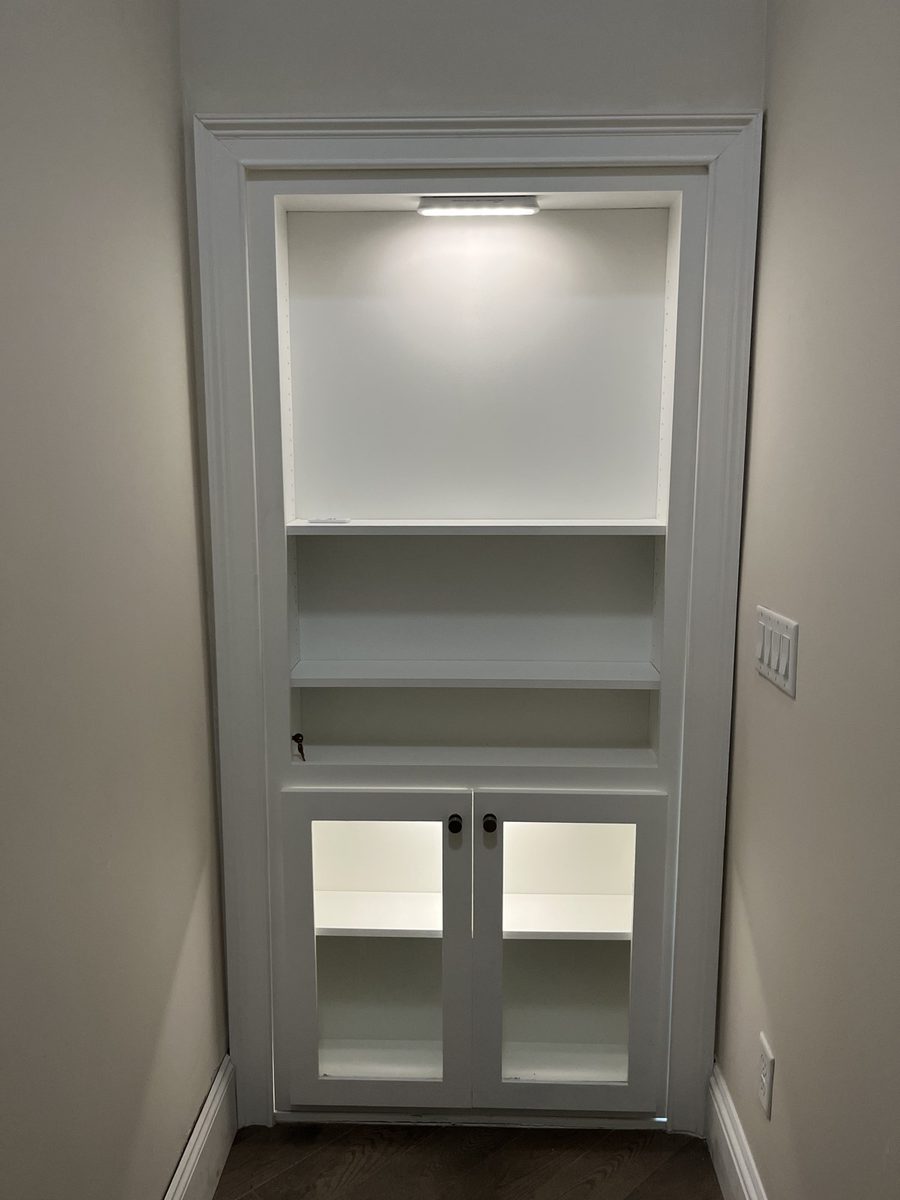 Custom white built-in shelving with glass doors
